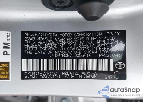 2020 Toyota Corolla Se из США, поврежденный, VIN JTDP4RCE7LJ005919